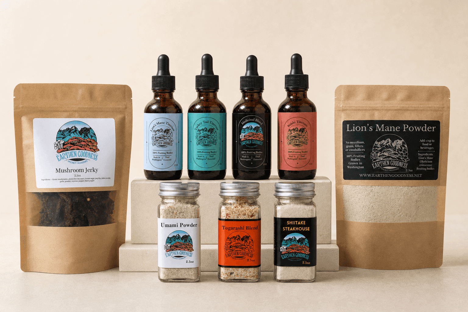 Earthen Goodness mushroom jerky, seasonings, powders, and tinctures in their original packaging