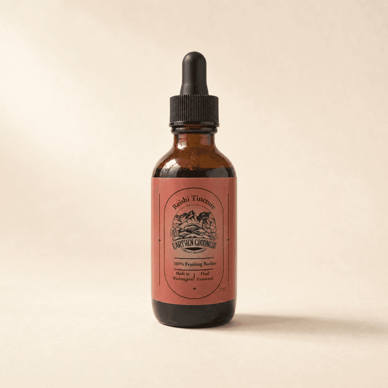 Earthen Goodness Reishi Tincture in a two-ounce amber dropper bottle