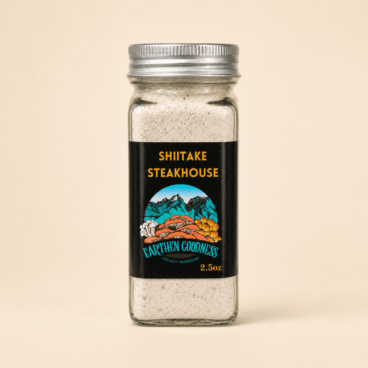 Earthen Goodness Shiitake Steakhouse seasoning in a two-and-a-half-ounce glass jar