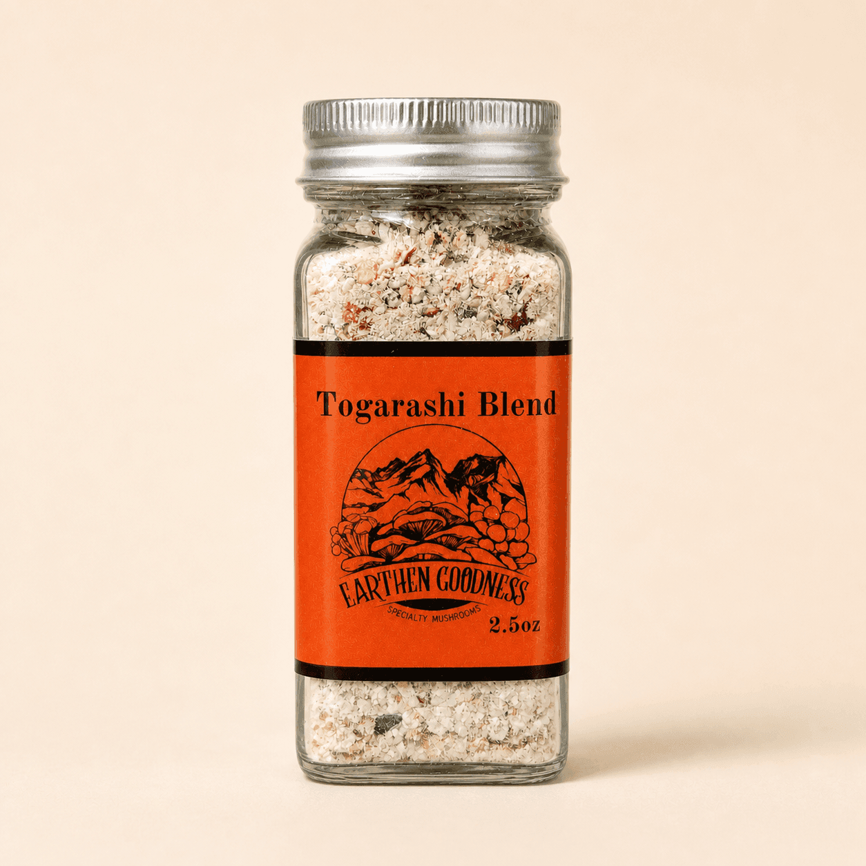 Earthen Goodness Togarashi Blend in a two-and-a-half-ounce glass jar
